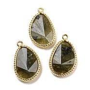 Natural Labradorite Faceted Pendants, Rack Plating Golden Plated Brass Teardrop Charms, 23x15x4~4.5mm, Hole: 1.4mm(G-M431-14G-05)