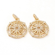 Brass Micro Pave Clear Cubic Zirconia Pendants, Long-Lasting Plated, Flat Round with Compass, Real 18K Gold Plated, 21x2.5mm, Hole: 1.5x4mm(ZIRC-L093-45G)