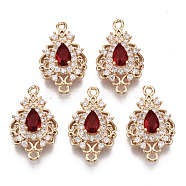 Brass Micro Pave Cubic Zirconia Links Connectors, with Glass, Long-Lasting Plated, Teardrop, Light Gold, Red, 20x12x5mm, Hole: 1.4mm(X-KK-R111-011-A01)
