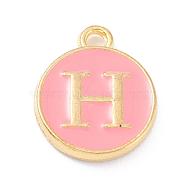 Golden Plated Alloy Enamel Charms, Enamelled Sequins, Flat Round with Alphabet, Letter.H, Pink, 14x12x2mm, Hole: 1.5mm(ENAM-Q437-14H)