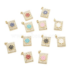 Brass Micro Pave Clear Cubic Zirconia Pendants, with Enamel, Real 18K Gold Plated, Long-Lasting Plated, Rectangle with Flower, Mixed Color, 22.5x19x2.8mm, Hole: 2.8mm(ZIRC-M115-35G)