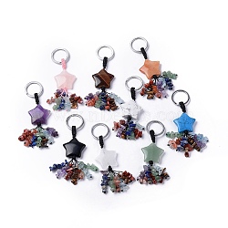 Natural & Synthetic Mixed Gemstone Star with Mixed Gemstone Chips Beaded Tassel Keychains, with 304 Stainless Steel Ring Clasps, 9.5~10cm(KEYC-P012-01P)