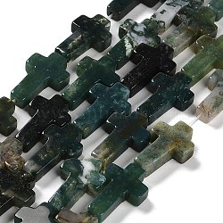 Natural Moss Agate Beads Strands, Cross, 20.5x12.5x4.5mm, Hole: 1mm, about 19pcs/strand, 15.55''(39.5cm)(G-I337-A05-01)