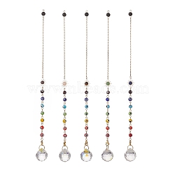 Mixed Natural Gemstone Drowsing Pendulums with Chakra Handmade Lampwork Evil Eye & Brass Sun, Faceted Glass Big Pendants, Teardrop, 247mm, Hole: 2.4mm(PALLOY-JF01974)