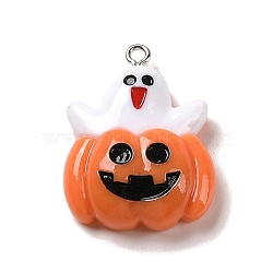 Opaque Resin Pendants, Halloween Charms with Platinum Tone Alloy Loops, White, Pumpkin with Ghost, 28x26.5x8mm, Hole: 1.5mm(RESI-K020-04C-02)