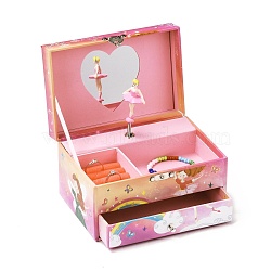 Hand Crank Musical Jewelry Cardboard Boxes, Storage Boxes with Pink Dancer, Drawer and Mirror inside, for Girl's Gift, Rectangle with Unicorn Pattern, Hot Pink, 15x11x9cm(CON-M008-04B)