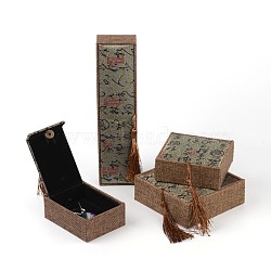 Rectangle Burlap Jewelry Necklace Boxes, with Velvet and Tassel Decoration Pendants, Sienna, 10x7.5x3.8cm(SBOX-L001-13)