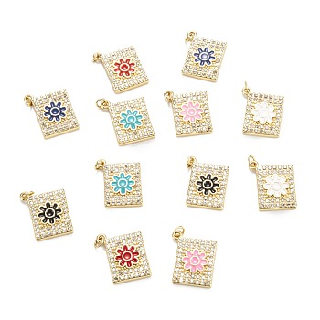 Brass Micro Pave Clear Cubic Zirconia Pendants, with Enamel, Real 18K Gold Plated, Long-Lasting Plated, Rectangle with Flower, Mixed Color, 22.5x19x2.8mm, Hole: 2.8mm