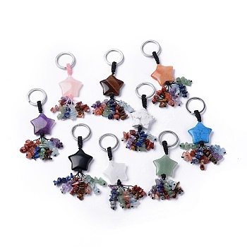 Natural & Synthetic Mixed Gemstone Star with Mixed Gemstone Chips Beaded Tassel Keychains, with 304 Stainless Steel Ring Clasps, 9.5~10cm