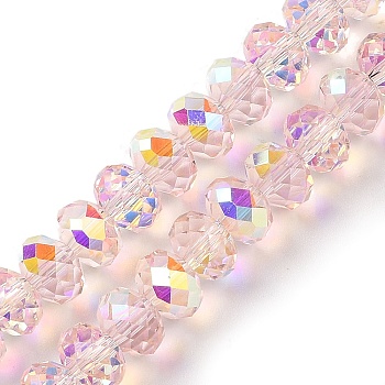 AB Color Plated Transparent Electroplate Beads Strands, Faceted, Round, Misty Rose, 7.5x6mm, Hole: 1mm, about 80~83pcs/strand, 18.31~19.88''(46.5~50.5cm)