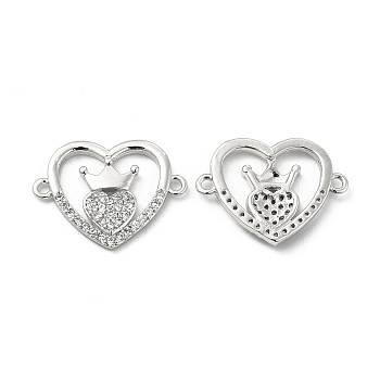 Brass Micro Pave Clear Cubic Zirconia Connector Charms, Heart Links with Crown, Platinum, 17x22.5x2.5mm, Hole: 1.4mm