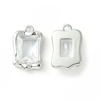 Brass Micro Pave Clear Cubic Zirconia Charms, Irregular Rectangle Charm, Real Platinum Plated, 13.5x9x4mm, Hole: 1.2mm