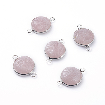 Natural Rose Quartz Links connectors, with Platinum Tone Brass Cabochon Connector Settings, Flat Round with Tree, 23~24x15~16x5~6mm, Hole: 2.5mm