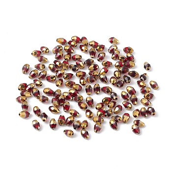 Electroplate Glass Beads, Half Golden Plated, Faceted, Teardrop, Red, 6x4x4mm, Hole: 1mm, about 500pcs/bag