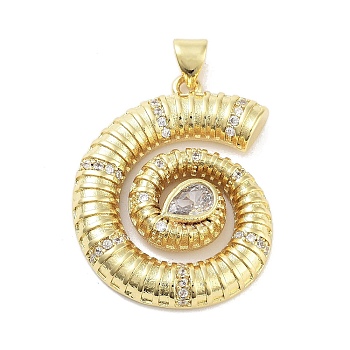 Rack Plating Brass Clear Cubic Zirconia Pendants, Long-Lasting Plated, Lead Free & Cadmium Free, Snail Shell, Real 18K Gold Plated, 29x23x4.5mm, Hole: 5x3.5mm