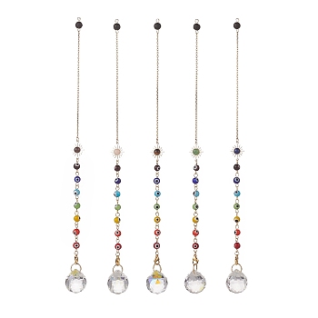 Mixed Natural Gemstone Drowsing Pendulums with Chakra Handmade Lampwork Evil Eye & Brass Sun, Faceted Glass Big Pendants, Teardrop, 247mm, Hole: 2.4mm