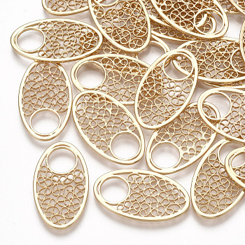 Brass Pendants, Filigree Findings, Oval, Real 18K Gold Plated, 24x14x1mm, Hole: 7mm