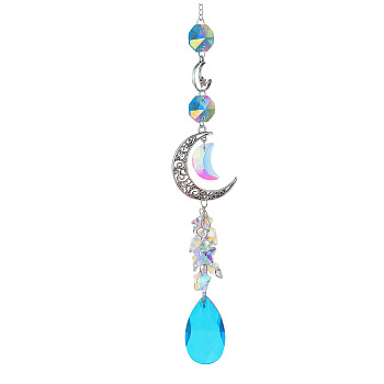 Glass Moon Hanging Suncatcher Pendant Decoration, Teardrop Crystal Ceiling Chandelier Ball Prism Pendants, with Alloy & Iron Findings, Dark Turquoise, 420~430mm