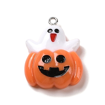 Opaque Resin Pendants, Halloween Charms with Platinum Tone Alloy Loops, White, Pumpkin with Ghost, 28x26.5x8mm, Hole: 1.5mm