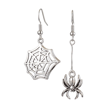 Alloy Dangle Earrings, with Brass Earring Hooks, Spider & Web, Antique Silver & Platinum, 42~53x13.5~23mm