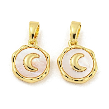 Brass Pave Shell Charms, Flat Round with Moon Charm, Real 18K Gold Plated, 12x10x2.5mm, Hole: 4.8x2.7mm