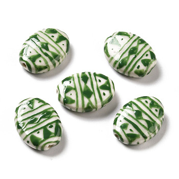 Handmade Printed Porcelain Beads, Oval with Triangle Pattern, Lime Green, 18x14.5x5mm, Hole: 1.6mm