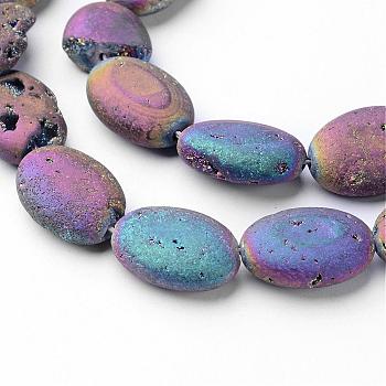 Electroplated Natural Quartz Crystal Beads Strands, Druzy Geode Crystal, Oval, Rainbow Plated, 18x13x6~6.5mm, Hole: 1mm, about 11pcs/strand, 7.7 inch