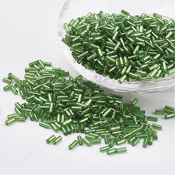 Glass Bugle Beads, Silver Lined, Lime Green, 5x2mm, Hole: 0.5mm, about 16000pcs/bag
