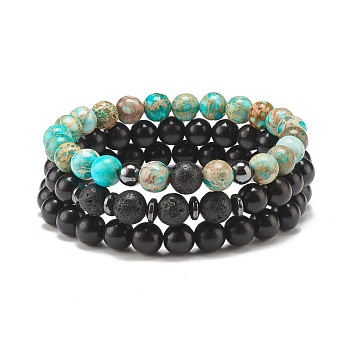 3Pcs 3 Style Natural Wood & Lava Rock & Imperial Jasper(Dyed) Beaded Stretch Bracelets Set, Essential Oil Gemstone Jewelry for Women, Inner Diameter: 2-1/4 inch(5.6cm), 1Pc/style