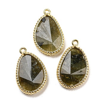 Natural Labradorite Faceted Pendants, Rack Plating Golden Plated Brass Teardrop Charms, 23x15x4~4.5mm, Hole: 1.4mm
