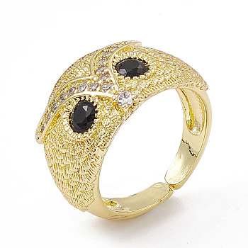 Cubic Zirconia Owl Open Cuff Rings, Golden Brass Jewelry for Women, Black, US Size 6 1/2(16.9mm)