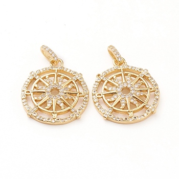 Brass Micro Pave Clear Cubic Zirconia Pendants, Long-Lasting Plated, Flat Round with Compass, Real 18K Gold Plated, 21x2.5mm, Hole: 1.5x4mm