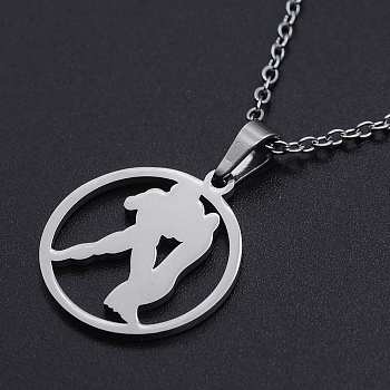 201 Stainless Steel Pendants Necklaces, with Cable Chains and Lobster Claw Clasps, Flat Round with Constellation/Zodiac Sign, Aquarius, 15-3/4 inch(40cm), 1.5mm