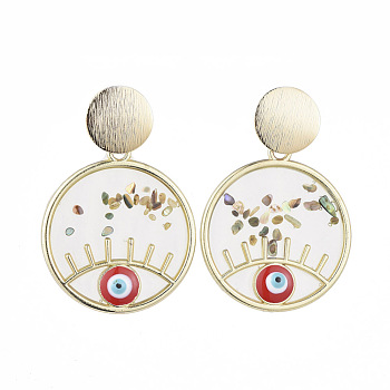 Dangle Stud Earrings, with Epoxy Resin Pendants, Shell, Enamel and Earring Backs, Flat Round with Evil Eye, Real 18K Gold Plated, Red, 50mm, Pin: 0.7mm
