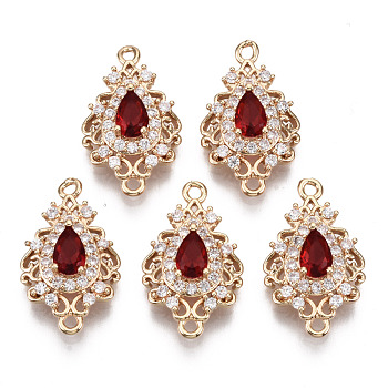 Brass Micro Pave Cubic Zirconia Links Connectors, with Glass, Long-Lasting Plated, Teardrop, Light Gold, Red, 20x12x5mm, Hole: 1.4mm