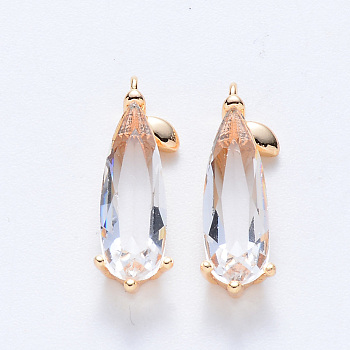 Brass Cubic Zirconia Pendants, Nickel Free, Teardrop, Real 18K Gold Plated, Clear, 18x5.5x4mm, Hole: 1mm