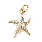 Brass Micro Pave Clear Cubic Zirconia Pendants, Starfish Charms, Rack Plating, Long-Lasting Plated, Golden, 17x13x2mm, Hole: 3mm(KK-D110-06G)