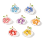 7Pcs Glass Seed Beaded Shell with Flower Pendants, with Clam Shell & Resin Imitation Pearl & Copper Wire, Mixed Color, 27.5x26~29x12~14mm, Hole: 2mm(PALLOY-MZ01140)
