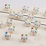 Printed Handmade Porcelain Ceramic Beads, Cat Shape, Mixed Color, 15x15x15.5mm, Hole: 3mm(PORC-Z003-06)