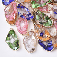 Resin Pendants, Imitation Geode, with Shell and Edge Light Gold Plated Iron Loops, Nuggets, Mixed Color, 39x20x5mm, Hole: 1.8mm(RESI-S383-023)