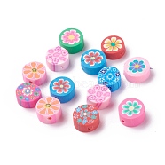 Handmade Polymer Clay Beads, Flat Round with Flower, Mixed Color, 9.5~10x4.5~5mm, Hole: 1.6mm(X-CLAY-I010-07)