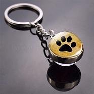 Dog Paw Print Pattern Glass Double-sided Ball Keychains, with Alloy Finding, for Backpack, Keychain Decor, Goldenrod, 8cm(PW-WG22787-01)