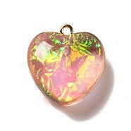 Transparent Resin Pendants, Heart Charms, with Gold Foil and Golden Tone Iron Loops, Pink, 23.5~24x22x11~12mm, Hole: 2mm(RESI-F035-02B)