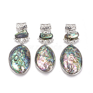 Natural Abalone Shell/Paua Shell Big Pendants, with Brass Findings, Oval, Platinum, 78~84mm, Hole: 5x7mm(SSHEL-F303-05-01)