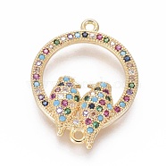 Brass Micro Pave Cubic Zirconia Links connectors, Ring with Bird, Colorful, Golden, 23x18x3.5mm, Hole: 1.2mm(ZIRC-L083-027G)