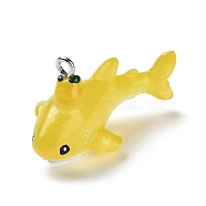 Sea Animal Theme Opaque Resin Pendants, Whale Charms with Platinum Tone Iron Loops, Yellow, 19x17.5x34mm, Hole: 2mm(RESI-D071-04E)