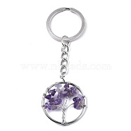 Natural Amethyst Chips Chakra Keychain, with Platinum Plated Stainless Steel Split Key Rings, Flat Round with Tree, 90mm(G-N0326-003C)