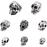 304 Stainless Steel Beads & European Beads, Skull, Antique Silver, 8~16x8~11x8.5~14mm, 8pcs/box(STAS-UN0001-67AS)