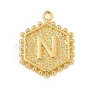 Brass Pendants, Hexagon Letter Charms, Letter N, 20x16x2.5mm, Hole: 1.5mm(KK-B126-01G-N)