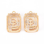 Brass Micro Pave Clear Cubic Zirconia Pendants, with Glass, Nickel Free, Faceted, Rectangle, Real 18K Gold Plated, 21x13.5x6.5mm, Hole: 1.5mm(KK-T062-98G-NF)